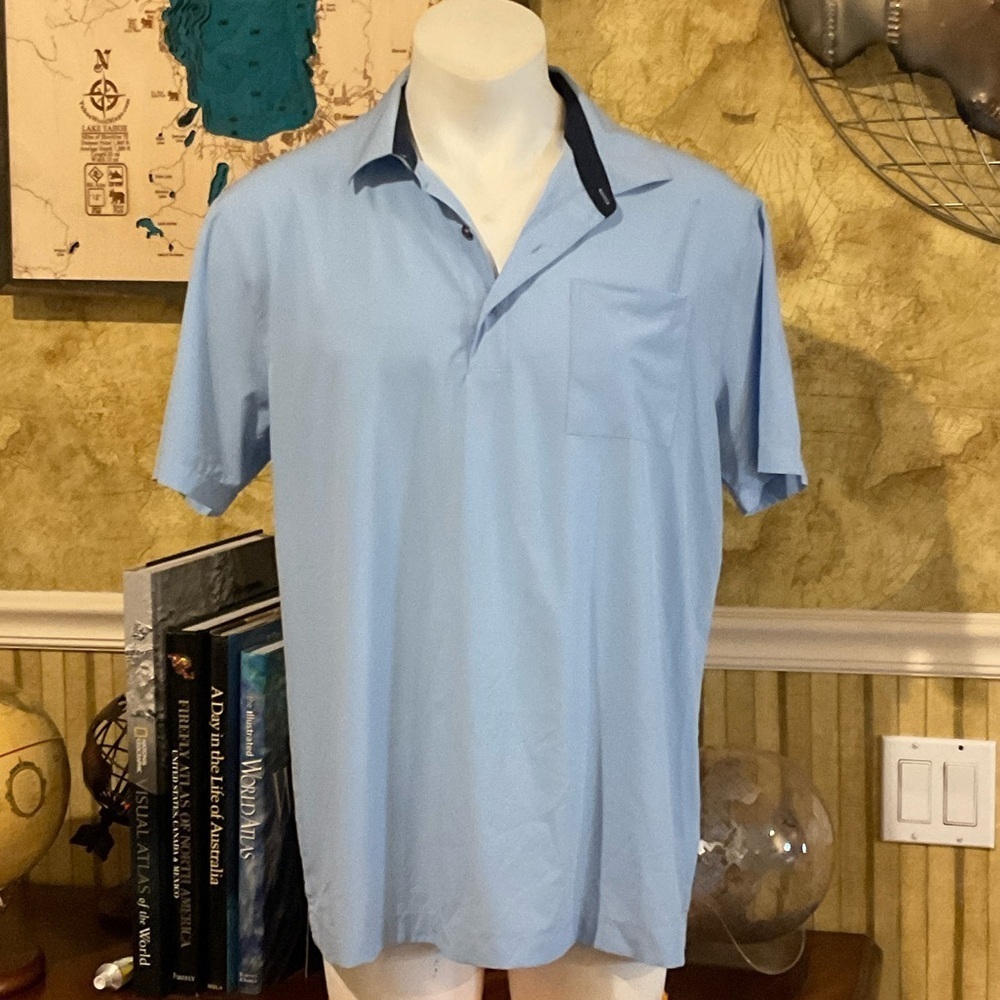 Jachs Light Blue Polo Shirt with Navy Accents Gravityless. Size Large. Flaw.